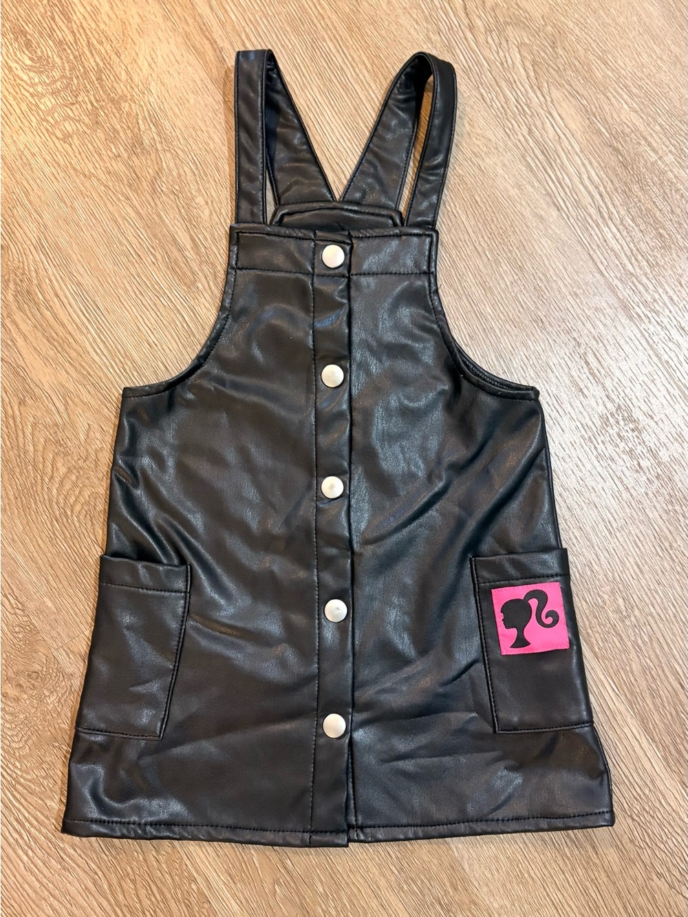 Barbie Girls Black Faux Leather Overall Dress Pink Logo Size 3T
